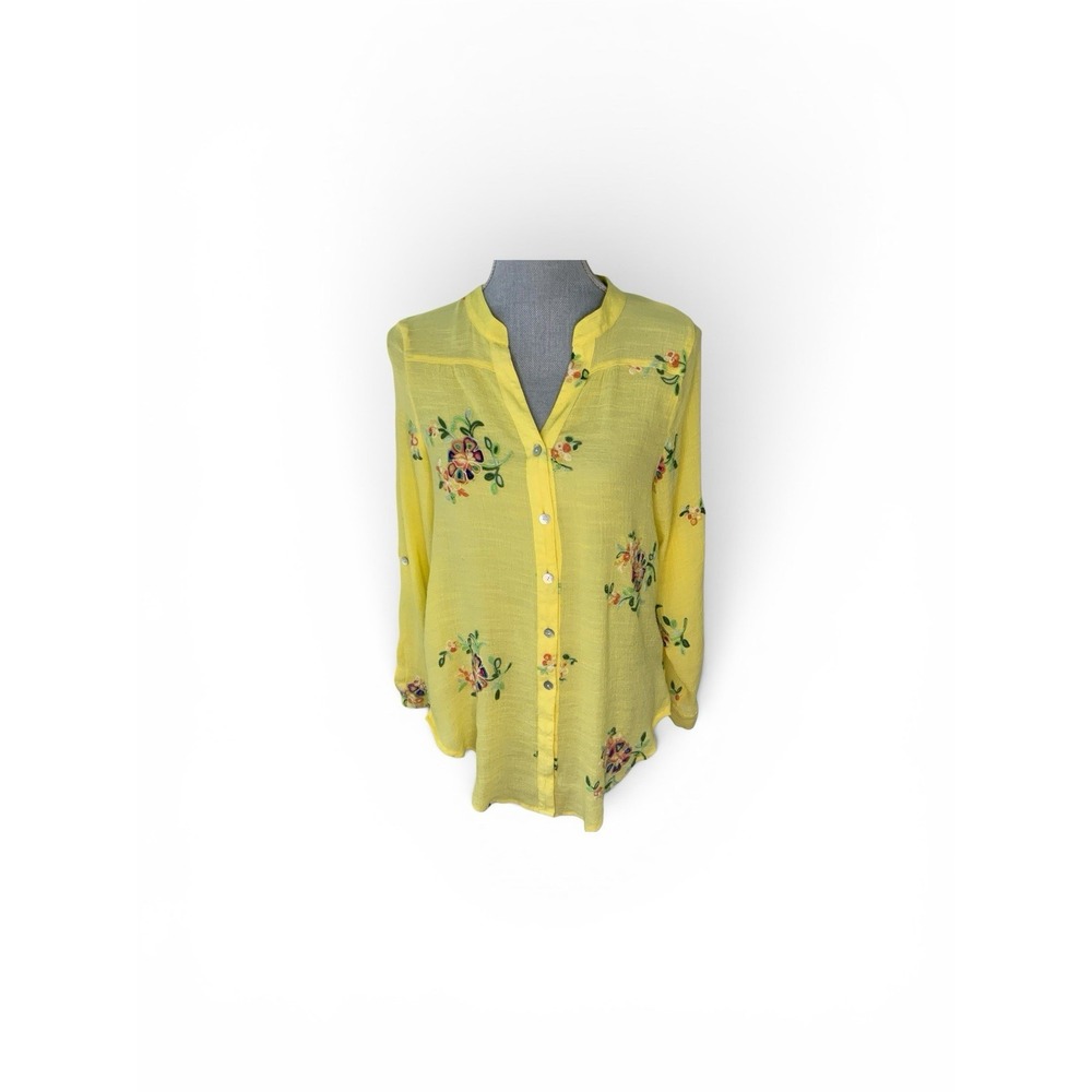 Fig &‎ Flower Top Womens Medium Yellow Floral Embroidered Button Up Blouse Boho